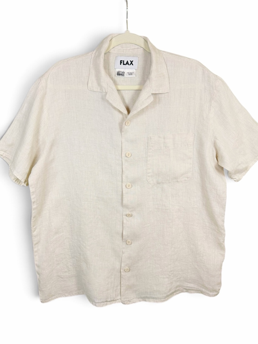 FLAX Natural 100% Linen Relaxed Short Sleeve Button Front Camp Shirt Small - Picture 2 of 12